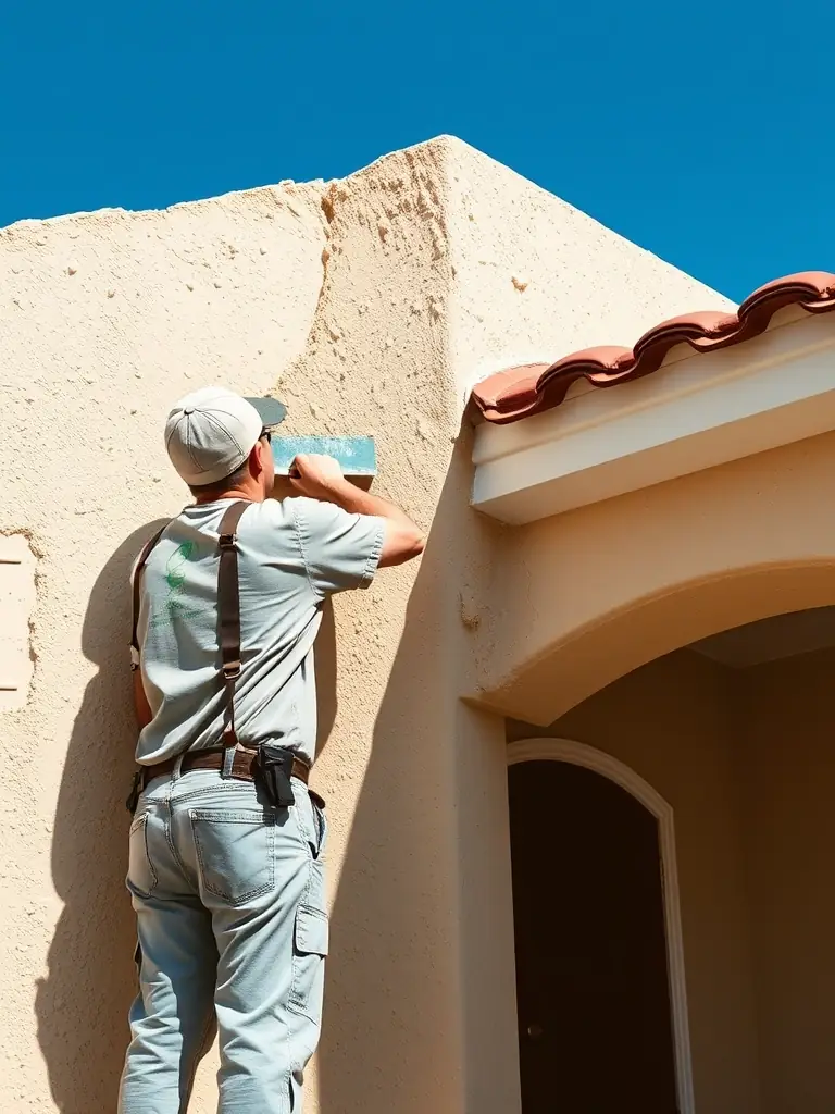 A freshly stuccoed home exterior in Naples, Florida, with a worker applying the final touches, demonstrating Mr. Clos Renovation's stucco and full house repair services.