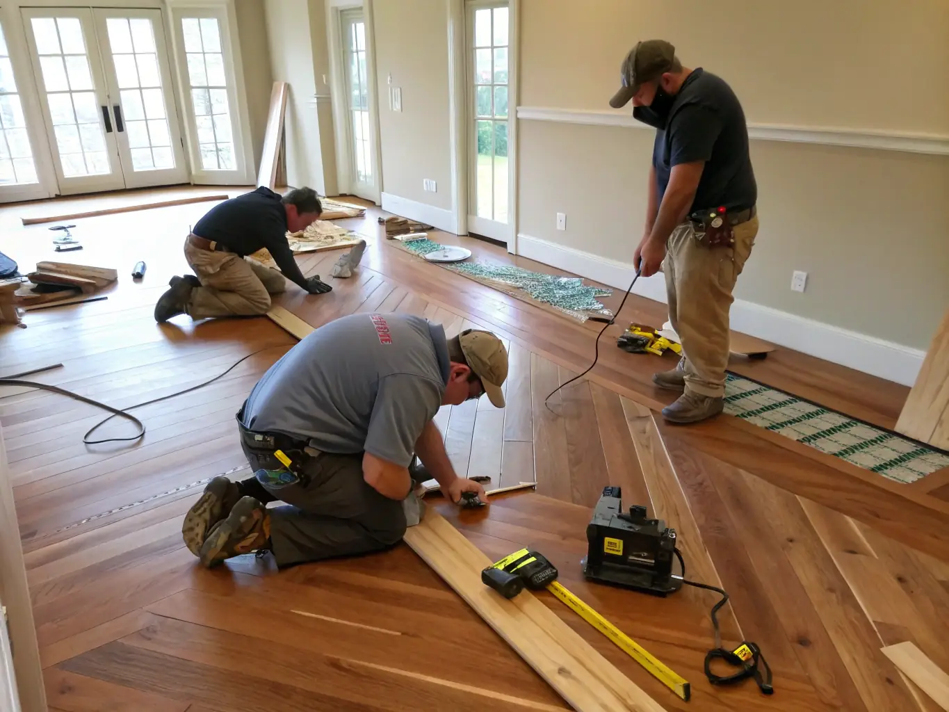 A team installing hardwood flooring in a residential living room, highlighting the flooring installation service provided by Mr Clos Renovation & Maintenance Service.