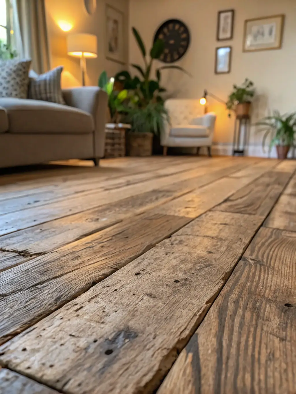 A newly installed hardwood floor in a living room in Naples, Florida, reflecting natural light and highlighting the quality of Mr. Clos Renovation's flooring services.