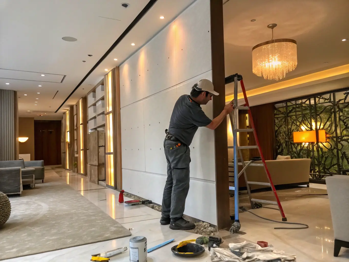A skilled worker applying drywall tape in a modern living room, showcasing the drywall and finish work service offered by Mr Clos Renovation & Maintenance Service.