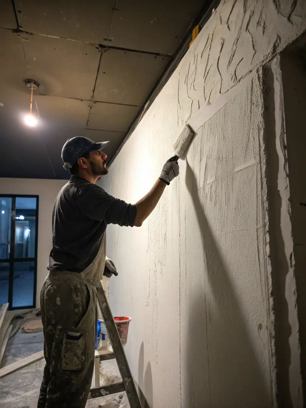 A professional drywall installer smoothing out a wall in a modern home in Naples, Florida, showcasing Mr. Clos Renovation's drywall and finish work.